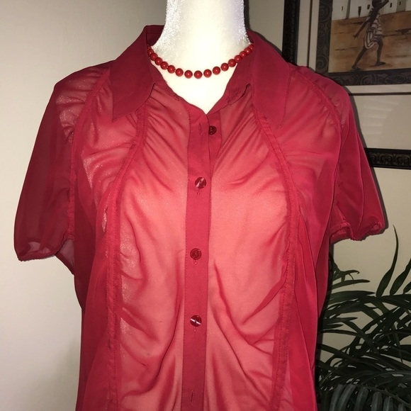 Worthington Sheer Red Gathered Poly Short Cap Sleeve Top 2X Plus Size - Picture 2 of 5